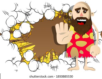Cartoon caveman showing deny or refuse hand gesture. Vector illustration of a man from the stone age.