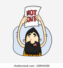 Cartoon of a caveman showing not out in Cricket match on white background.