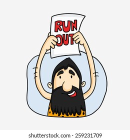 Cartoon of a caveman showing run out in Cricket game on white background.
