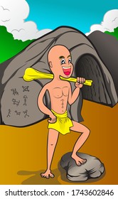 Cartoon caveman smiling and carrying a big club. Use for print, surface design and etc
