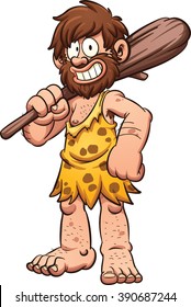 Cartoon caveman smiling and carrying a big club. Vector clip art illustration with simple gradients. All in a single layer.