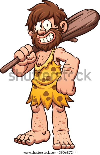 Cartoon caveman smiling and carrying a big club.\
Vector clip art illustration with simple gradients. All in a single\
layer.