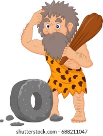 Cartoon Caveman With Stone Wheel