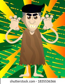 Cartoon caveman is trying to scare you. Vector illustration of a man from the stone age.