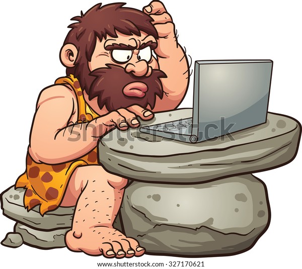 Cartoon caveman using\
a laptop. Vector clip art illustration with simple gradients. All\
in a single layer. 