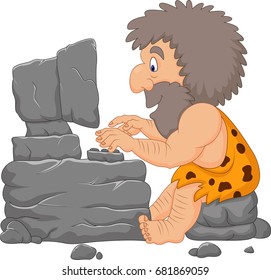 Cartoon Caveman Using A Stone Computer