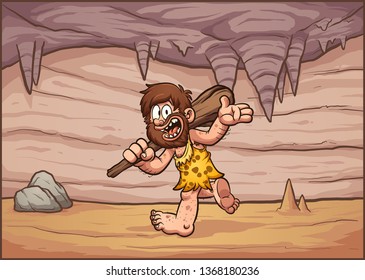 Cartoon caveman walking in a cave interior background clip art. Vector illustration with simple gradients. Some elements on separate layers. 
