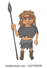 cartoon caveman in warm clothes with stone spear, funny vector cartoon character, isolated 