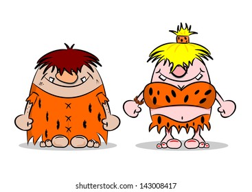 Cartoon caveman and wife on a white background