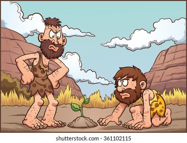 Cartoon cavemen discussing over a plant. Vector clip art illustration with simple gradients. Background and cavemen on separate layers. 