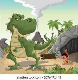 Cartoon cavemen in front of a cave with Tyrannosaurus Rex dinosaur. Stone age people.