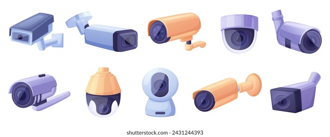 Conjunto de cámaras de CCTV de dibujos animados. Cámara de vigilancia aislada, sistema de video para ver en casa. Equipo de seguridad digital profesional, hoy en día vector clipart