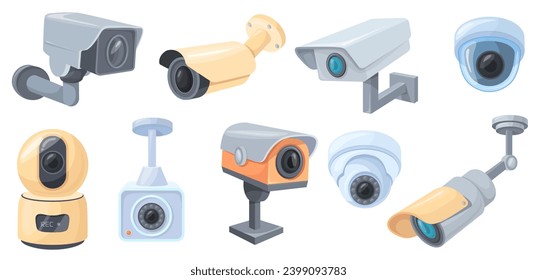 Caricatura cctv. Cámara de vídeo para vigilancia de seguridad en el hogar o al aire libre, vigilancia policial de la vigilancia de las calles, protección de la privacidad, protección contra el robo del sistema espía, ilustración clara del vector