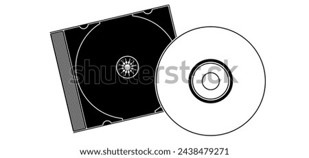 Cartoon cd rom. Compact disc CD or DVD and cover. Empty file and jewel case sign. For data, backup or software.  CD case or box line pattern. CD player listen to music. dvd rw recording.