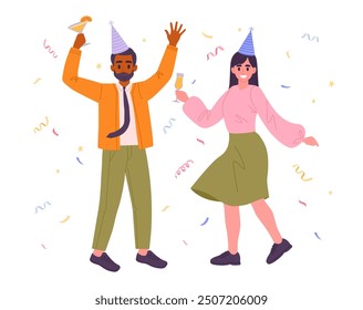 Cartoon celebrating couple. Cheerful man and woman celebrate holiday, characters with drinks and confetti at Birthday party flat vector illustration. Happy celebrating friends