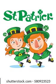Cartoon celebrating Saint Patrick Day concept with male and female leprechauns dancing on white background vector illustration