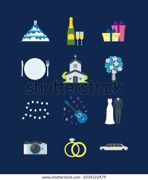 Cartoon Celebration Wedding Set on a Blue Ceremony\
Married Element Concept Flat Design Style. Vector illustration of\
Wed Bride and Groom