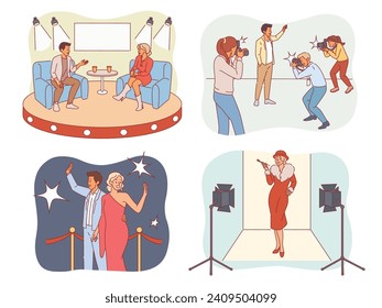 Cartoon celebrities. Popular people, worldwide fan love, getting on red carpet, paparazzi attack, public figures, journalist interview, arts culture wealthy characters, isolated vector set