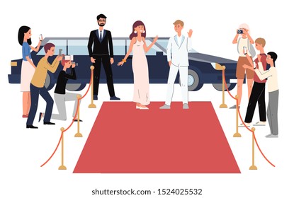 Cartoon celebrity people arriving to red carpet on limousine - famous man and woman standing before paparazzi photographer crowd and posing - flat isolated vector illustration