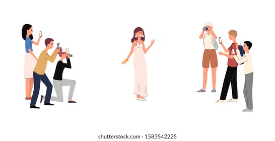 Cartoon celebrity woman in luxury dress posing for paparazzi camera - people at award show looking at beautiful famous actress. Isolated flat vector illustration.