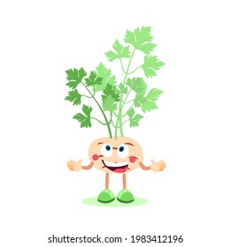 Cartoon celery root. Celery character. Healthy and nutritious food. Vector image.