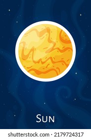 Cartoon celestial object Sun vector sticker, comic round solar system star graphic concept label, flat astronomical object art patch on blue cosmic background for astronomy science graphic concept