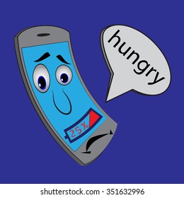 Cartoon cell phone with charge indicator 25%. Phone hungry. Low battery.