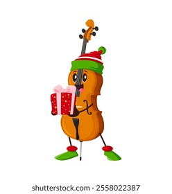 Cartoon cello or double bass character in festive hat holds decorated Christmas gift exudes winter holiday spirit. Isolated vector cheerful and charming musical instrument personage with a present box