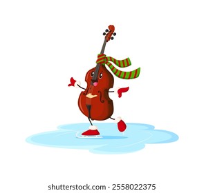 Cartoon cello musical instrument character ice skating during Christmas winter holiday season. Vector festive personage with cheerful expression adds fun to Xmas celebrations and musical entertainment