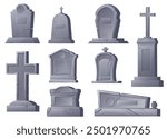 Cartoon cemetery gravestones. Medieval stone grave crosses. Halloween crypt. Old gothic headstone elements. Burial obelisks. Gray tombstones. Granite mausoleum. Tomb