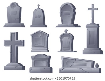 Cartoon cemetery gravestones. Medieval stone grave crosses. Halloween crypt. Old gothic headstone elements. Burial obelisks. Gray tombstones. Granite mausoleum. Tomb