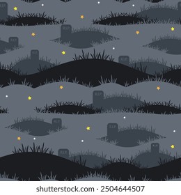 Cartoon cemetery night with stars . Halloween seamless pattern. Vector illustration.