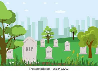 Cartoon cemetery, tombstones with the inscription RIP, city buildings on background, memorial park, flat vector illustration