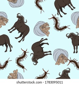 Cartoon Centipede, Conch, Buffalo. Animal Seamless Vector Pattern Design Background