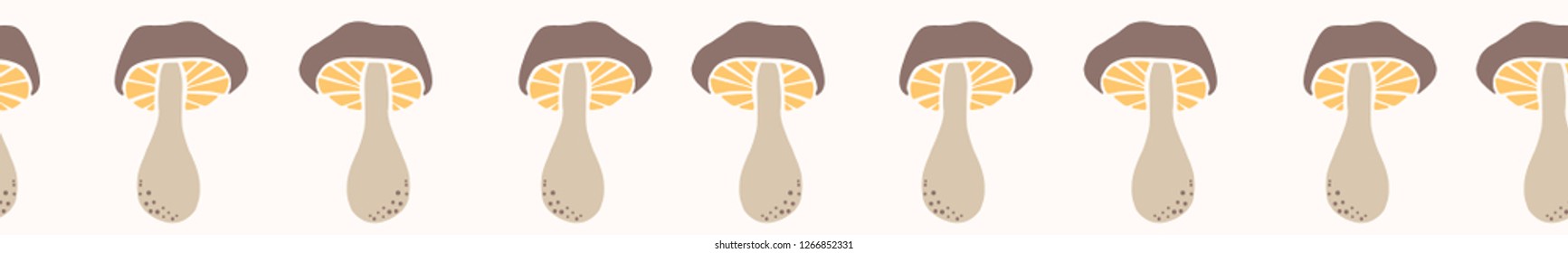 Cartoon cep mushroom doodle border. Hand drawn vector illustration of edible food fungi . Seamless repeat edging banner.
