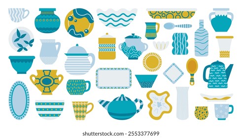 Cartoon ceramic crockery. Stylish kitchen plates bowls cups and mugs, vases and pot. Decorative tableware for dish serving, isolated neoteric vector clipart