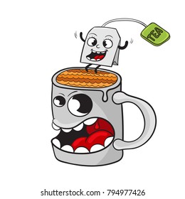 cartoon ceramic mug and tea bag, vector illustration