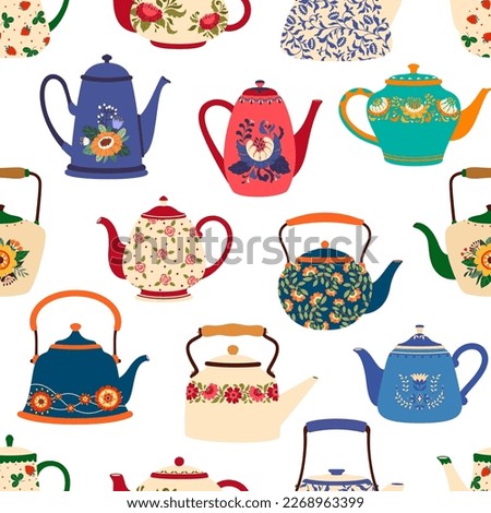Cartoon ceramic teapots and kettles seamless pattern. Vintage kitchen crockery or pottery vector background of retro coffee or tea pots with floral ornaments, color flowers and berries