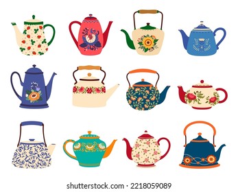 Cartoon ceramic teapots and kettles, vintage kitchen crockery or pottery tableware. Isolated vector coffee or tea pots, decorated with floral ornaments of flower blossoms, berries and green leaves