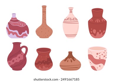 Cartoon ceramic vases. Ceramic jugs, pots and vases, vase pottery for home decoration, minimalistic pottery vases flat vector illustration set. Modern pottery on white