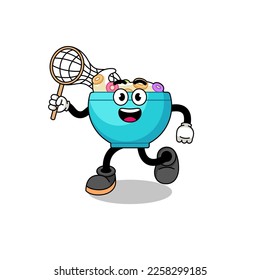 Cartoon of cereal bowl catching a butterfly , character design