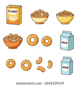 Cartoon Cereal Breakfast Food Icons Set.