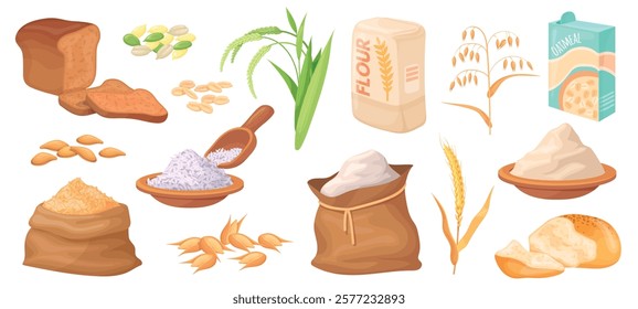 Cartoon cereal products. Flour rice or wheat grains for bread bakery product, ripe seeds harvest in burlap bag pastry food cereals crops sack, carbohydrate neat vector illustration original artwork