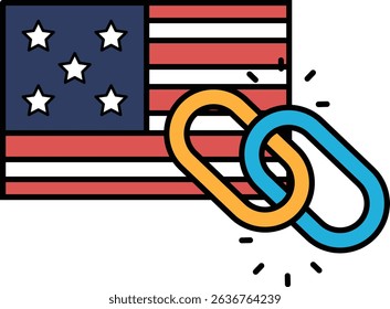 A cartoon of a chain around an American flag. The chain is orange and blue. The flag is red, white, and blue