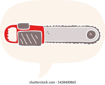 cartoon chainsaw with speech bubble in retro style