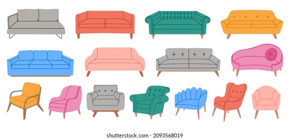 Cartoon Stuhl, Sofa und Sofa, Haus Komfort weiche Möbel. Gemütliche Sessel im skandinavischen Stil. Interieur entspannende Elemente Vektorset. Illustration von Sofa oder Sofa, Stühlen und Möbeln