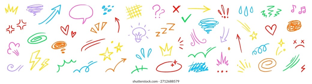 Estrella de tiza de dibujos animados, Elementos de expresión cómica. Dibujado a mano linda línea doodle efecto de movimiento flecha, énfasis, emoción enojada, movimiento brillante. Icono de crayón de marca de emoticono de dibujos animados. Ilustración vectorial