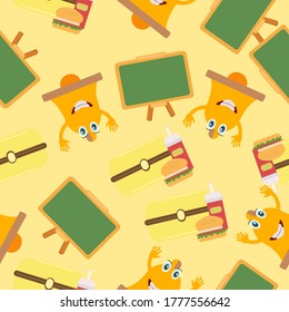 Cartoon Chalkboard, Bell, Lunchbox. Seamless Vector Pattern Design Background