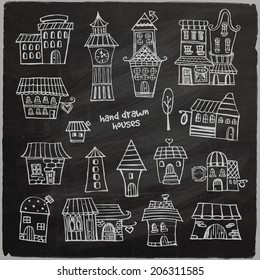 Cartoon chalkboard drawing vector fairy tale houses 