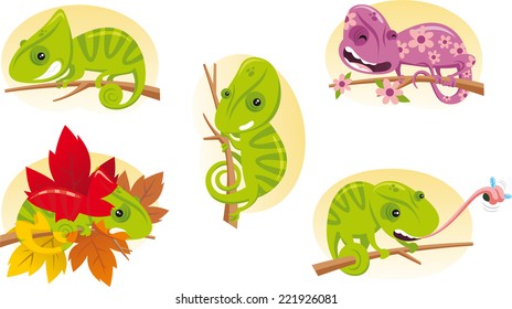 Cartoon chameleon in action set collection. With Four Chameleons and one lizard changing to violet. 
